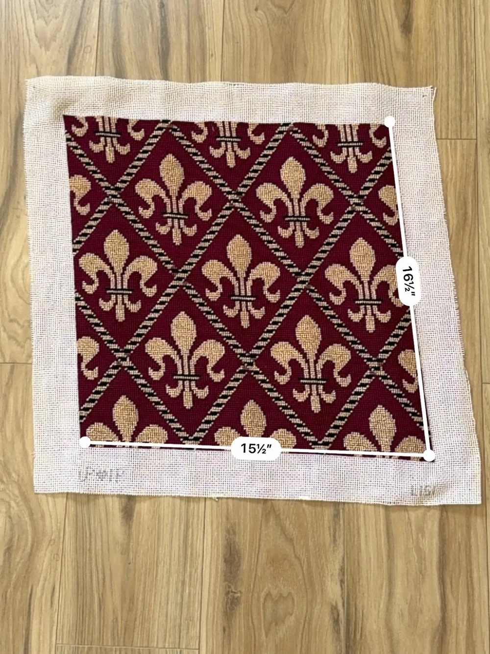 Vintage Handstitched Needlepoint Canvas Fleur-de-Lis Burgundy 15.5” Square